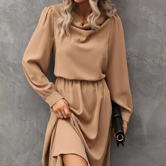 Brand new Draped Collar Bishop Sleeve Dress Camel - Picture 2 of 9